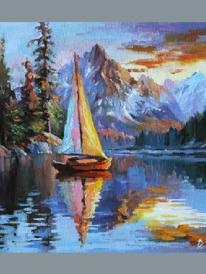 Lonely boat. Oil painting