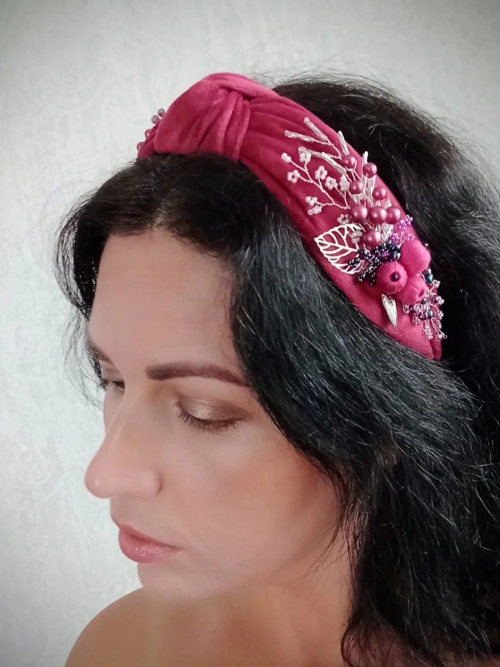 Magenta tie headband for women, beaded crystal headband, velvet embroidered headband, embellished headband, turban headband
