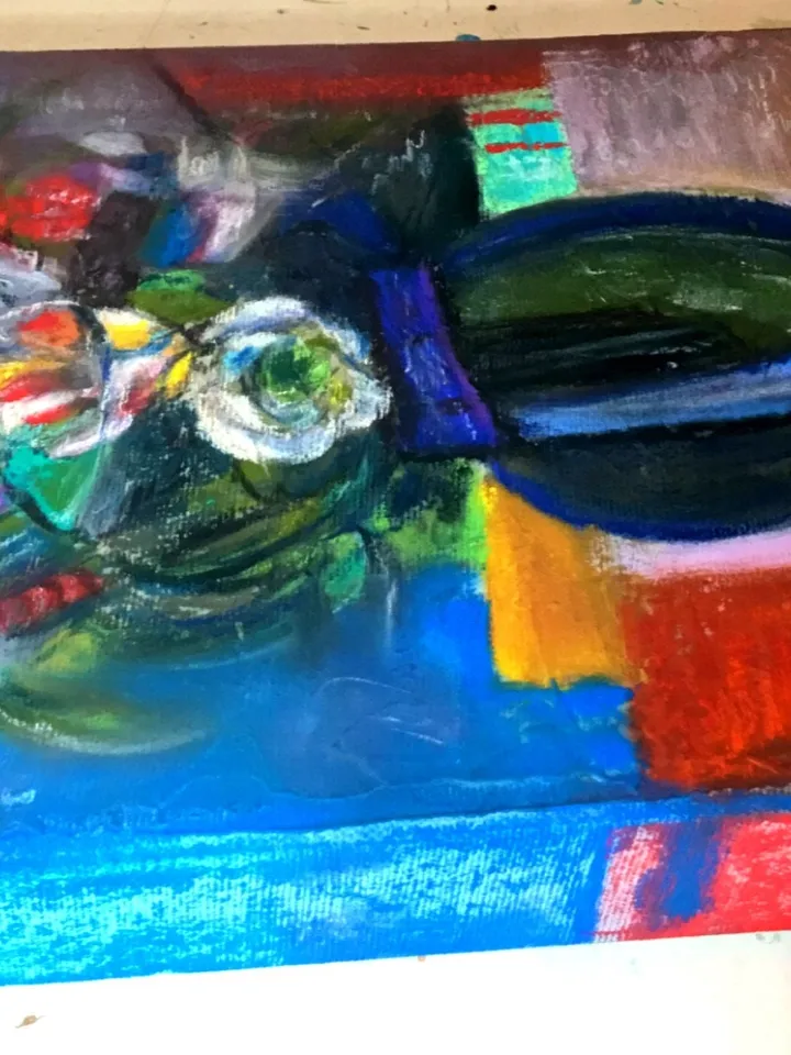 Flowers pastel original painting.Hand made abstract painting on 3 d canvas.