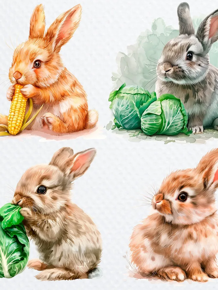 15 PNG Fluffy Bunny Bundle, Rabbit Clipart, Printable Watercolor clipart for sublimation, Digital download, Paper craft, junk journals