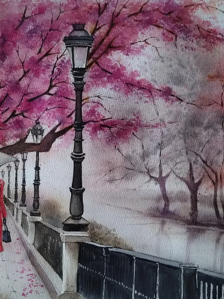 Original Watercolor Painting Urban Landscape Art Autumn Embankment Artwork Rainy Day Picture 30x40 cm by SoftWaves