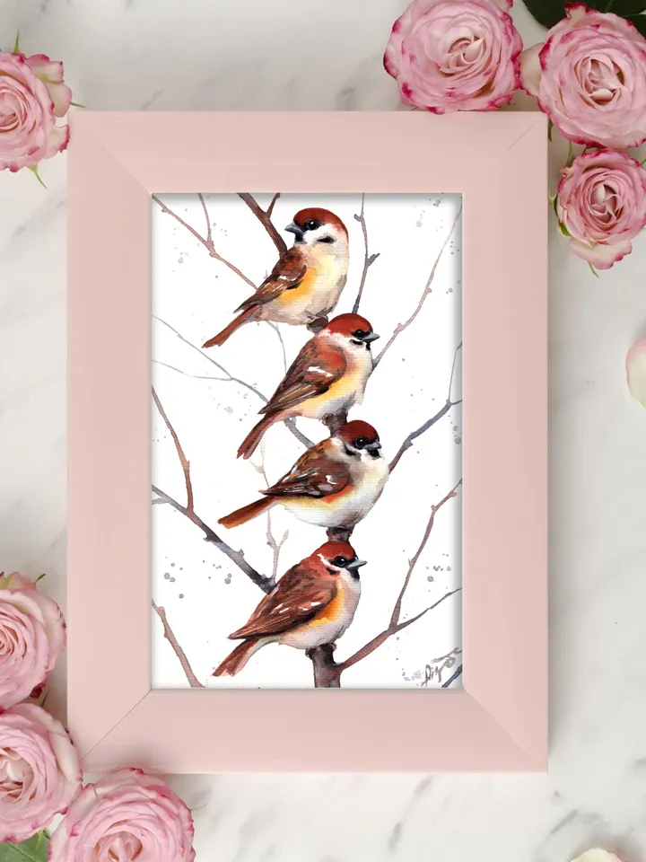 Sparrows original watercolor, birds painting, wall decor, 7x10 in art for birds lovers by Anne Gorywine