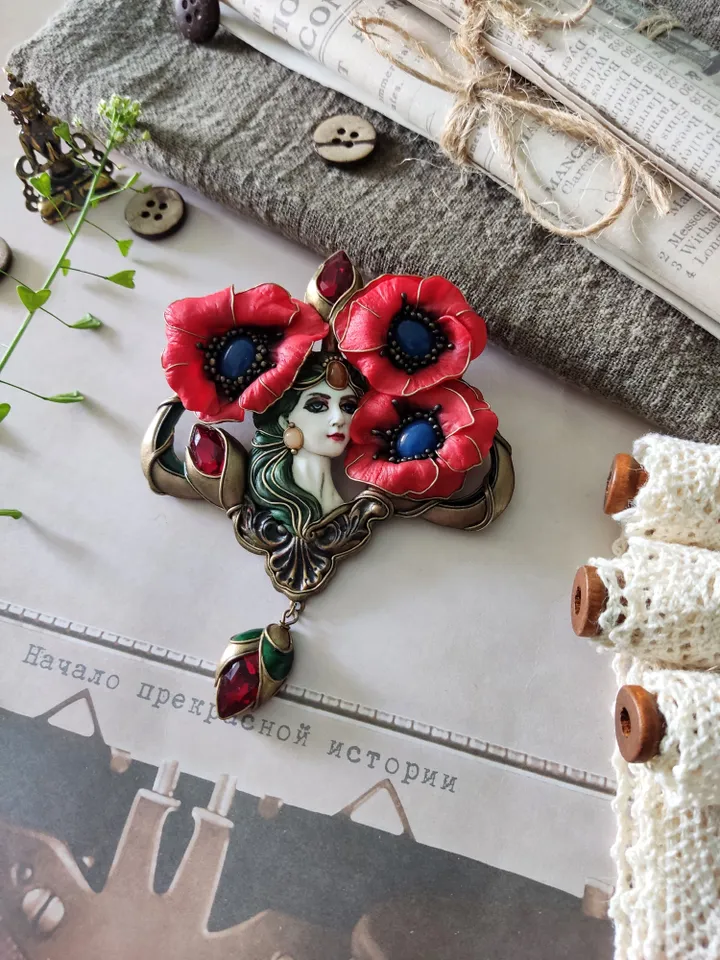 Virgin with Poppies, poppy brooch, red poppies, red flowers,poppy jewelry