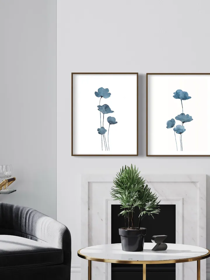 Blue Watercolor Flowers Wall Art Abstract Prints Navy Blue Wall Art Indigo Botanical Navy Blue And White Gallery Wall Set Of 2 Art Prints