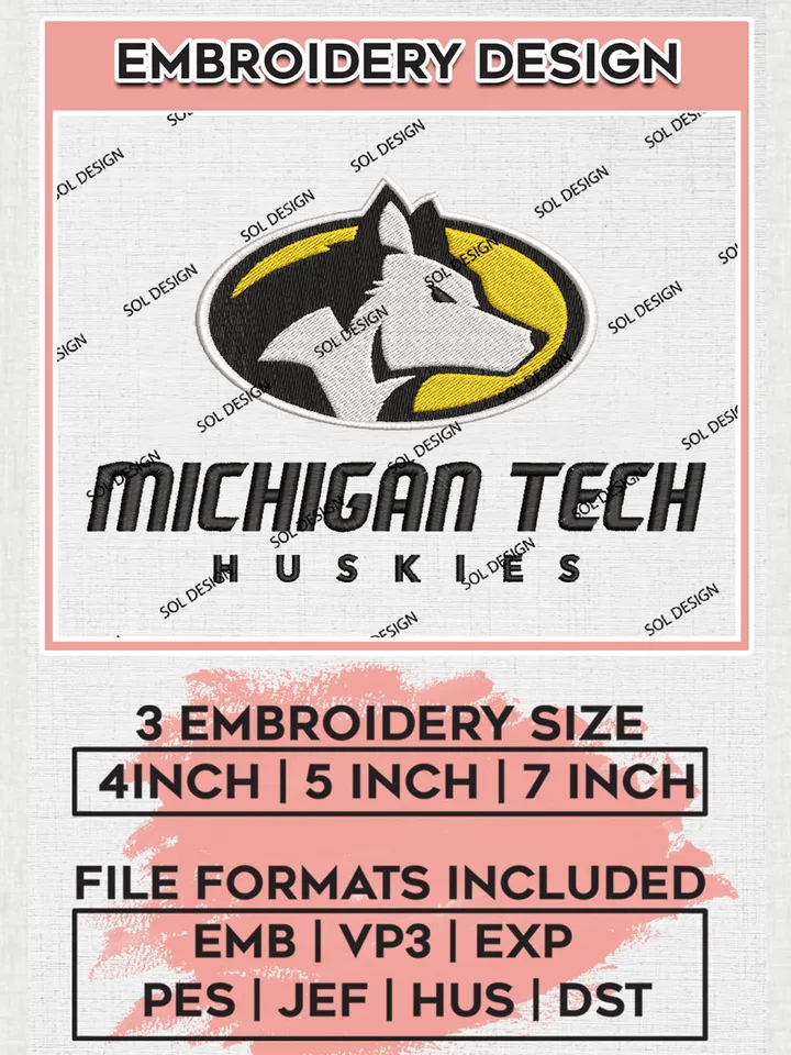 NCAA Michigan Tech Huskies Team Logo Embroidery Design Files, NCAA Michigan Tech Huskies Machine Embroidery, NCAA Teams, 3 sizes, NCAA Machine embroidery designs, Digital Download