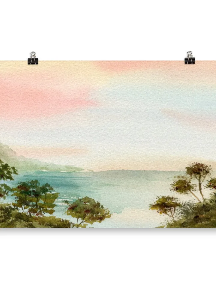 Colorful Landscape Watercolor Painting Art Print, Pink Sunset Art, Pastel Color Art, Boho Office Decor, Pink Landscape, Preppy Girl Decor