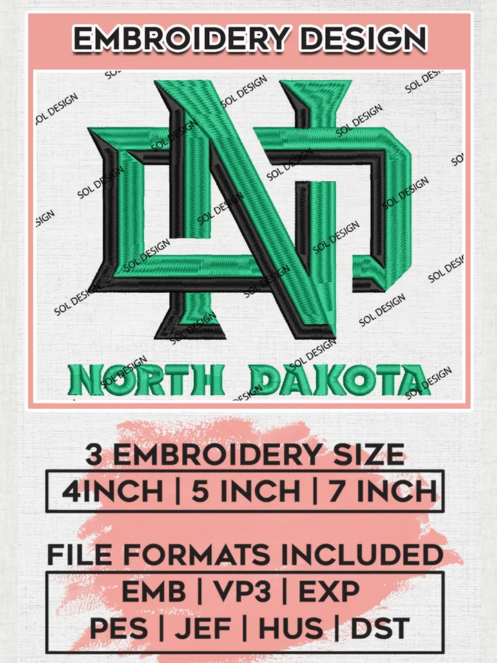 North Dakota Football Team Word Logo Embroidery Design Files, NCAA North Dakota Fighting Hawks Machine Embroidery, NCAA Teams, Game Day, 3 sizes, NCAA Machine embroidery designs, Digital Download