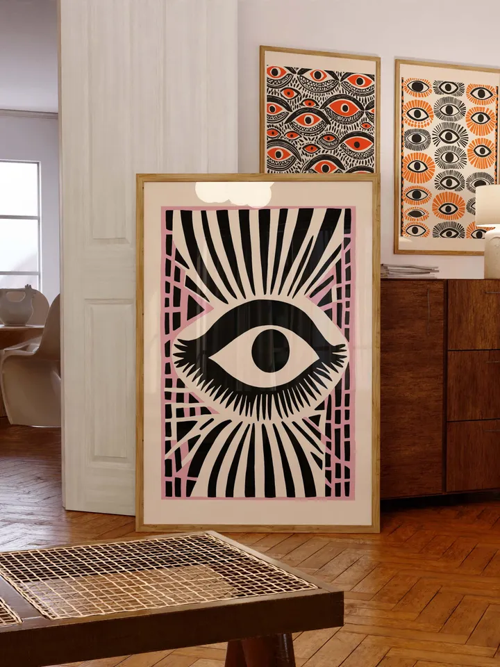 Eye Art Print Set, Bold Eye Poster, Pink Accent Graphic Print, Abstract Eye Wall Art, Minimal Eye Illustration, instant Digital Download