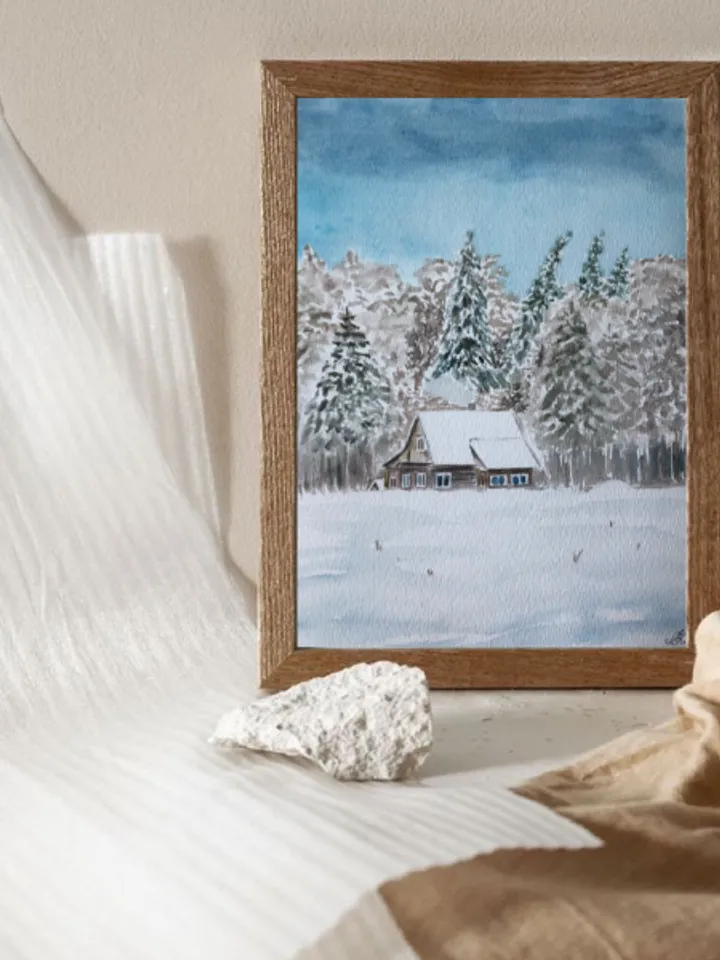House in the winter forest original watercolour painting wall art hand painted