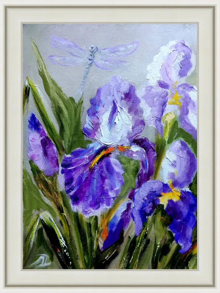 Irises Dragonfly Painting Original Art Impasto Oil Painting Canvas Painting