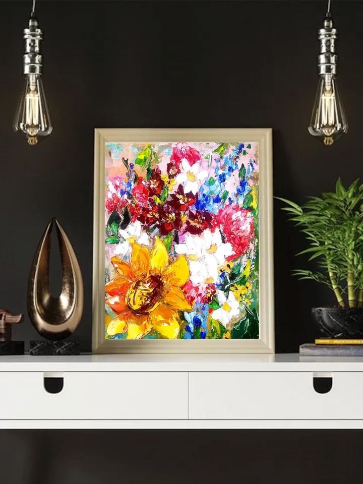Sunflower Painting Helianthus Original Art Impasto Oil Painting Floral OOAK Bluebonnet Painting Flower Wall Art 12x10 by ArtProkopaloSv