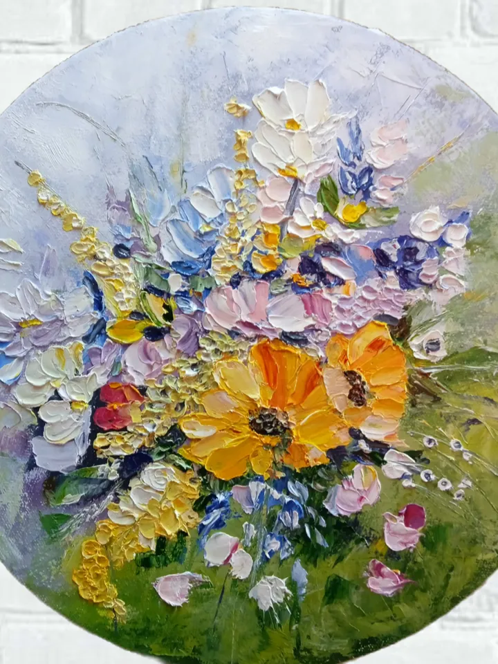 Oil painting on round canvas flowers 12x12 inches