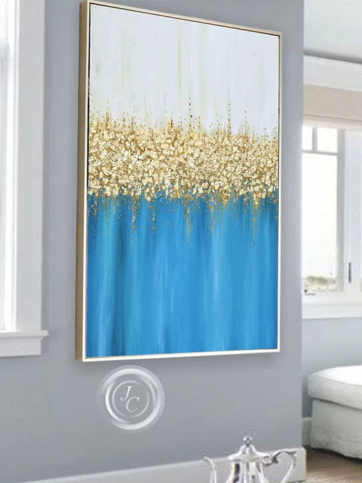 Turquoise Abstract Wall Art Gold leaf Painting on Canvas | Gold and Blue Abstract oil painting Modern wall decor