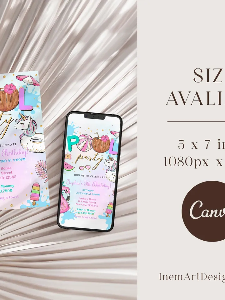 Pool Party Invitation Girl, Pool Party Unicorn Invitation Instant Download, Swimming Party Invite, Canva Editable Template