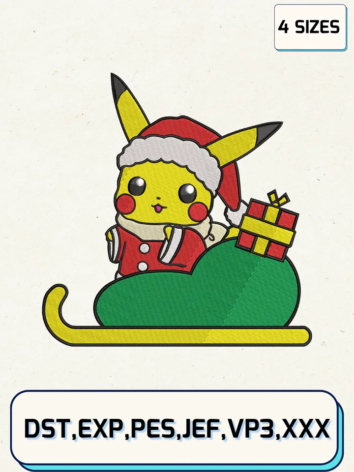Pikachu Christmas Embroidery Design,Christmas Embroidery Designs,Machine Embroidery Files,Pikachu Embroidery Design,4 Sizes
