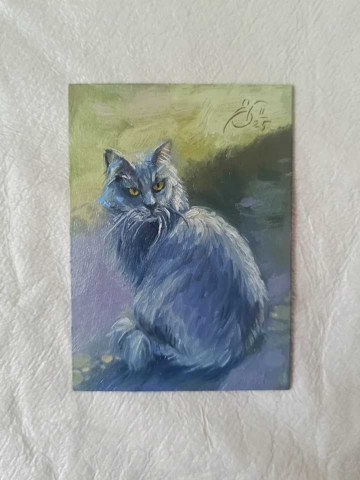 Original ACEO oil painting, Street smoky cat, Miniature collectible painting 2.5x3.5 inches