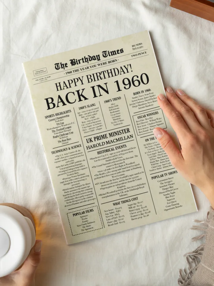 Back in 1960 United Kingdom | 65th Birthday Newspaper Sign | 1960 Birthday Poster UK | 65th Birthday Gift | 65 years ago back in 1960