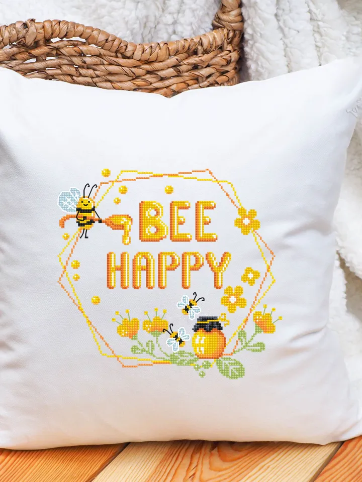 Honey bee cross stitch digital PDF pattern Bee Happy cross stitch Quote Floral wreath xstitch chart Easy begginers embroidery Bee decor #Q47