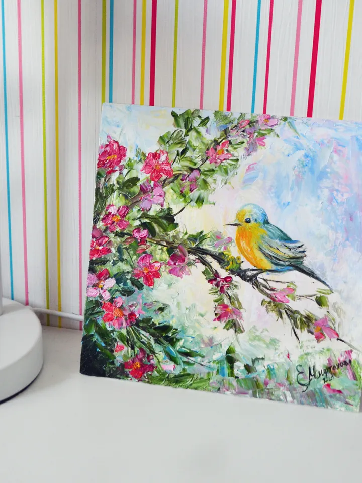 Yellow Birds Painting Original Art Bird on Flowering Branch Painting Flowers Landscape Art Spring Painting Small Bright Oil Painting 8 by 8