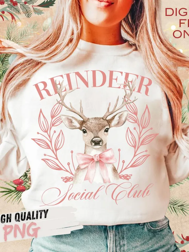 Reindeer social club png, Christmas Coquette Bow png, Santa Coquette Bow png, Christmas png, retro christmas png, christmas shirt, merry png