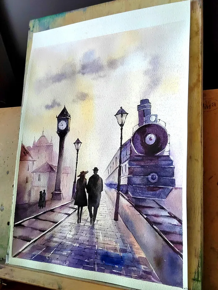 Railway Station Artwork Original Watercolor Painting Vintage Train Art 10.63x14.57 in by Art Café