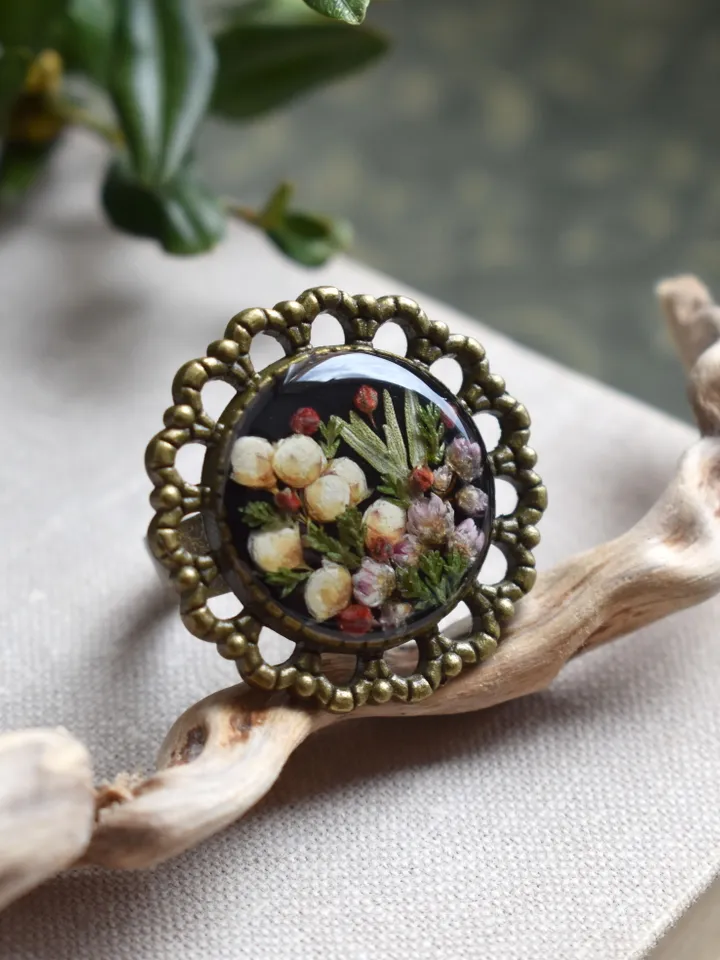 Real flower ring. Resin ring with Real flower meadow. adjustable ring.