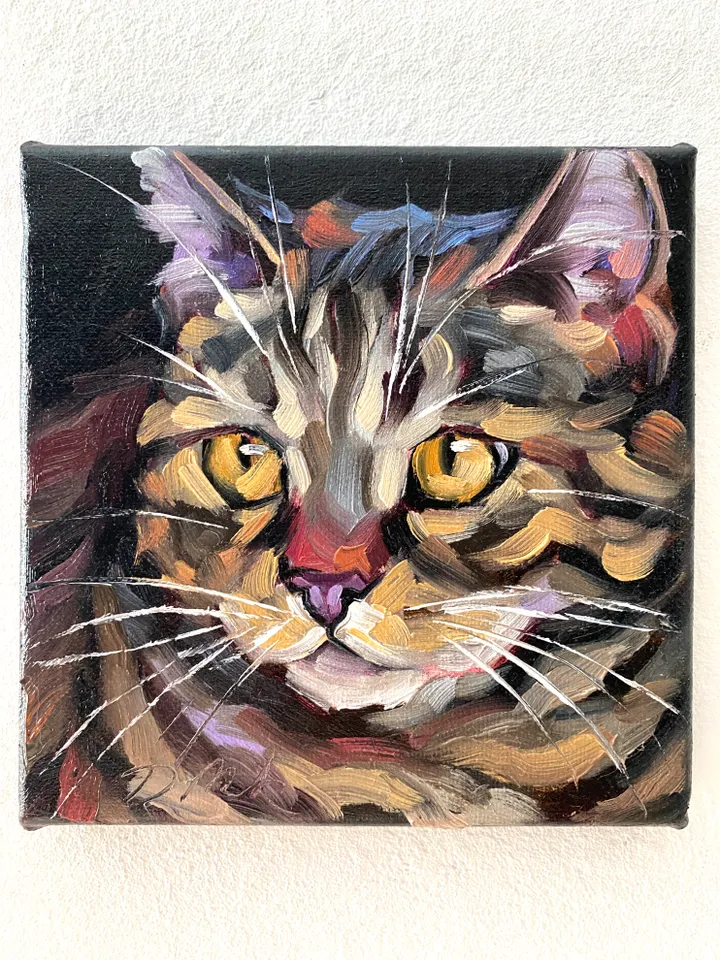Cat Portrait Painting Original Pet Artwork Oil Canvas 6x6" Animal Wall Art Kitten Painting
