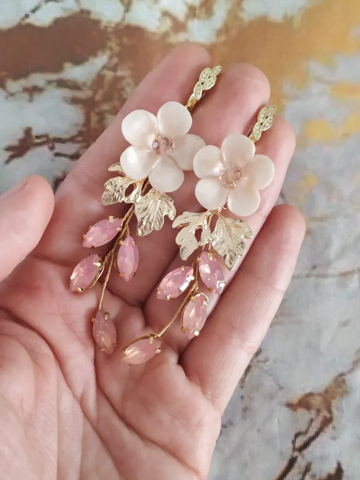Opal Pink Blush Boho Wedding Earrings, Porcelain Pink Flower Gold Bridal Earrings, Boho Wedding Earrings, Chandelier Statement Earrings
