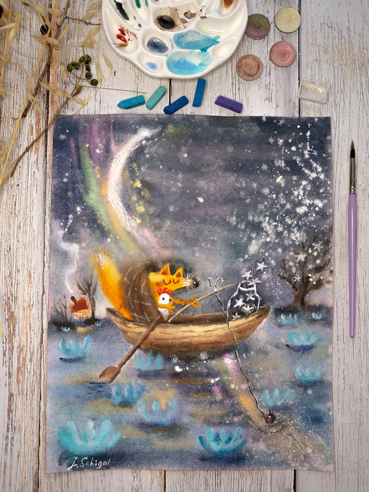 27×34 Artwork by Julia Schigal "The Star Fishing"- watercolor, gouache, pastel