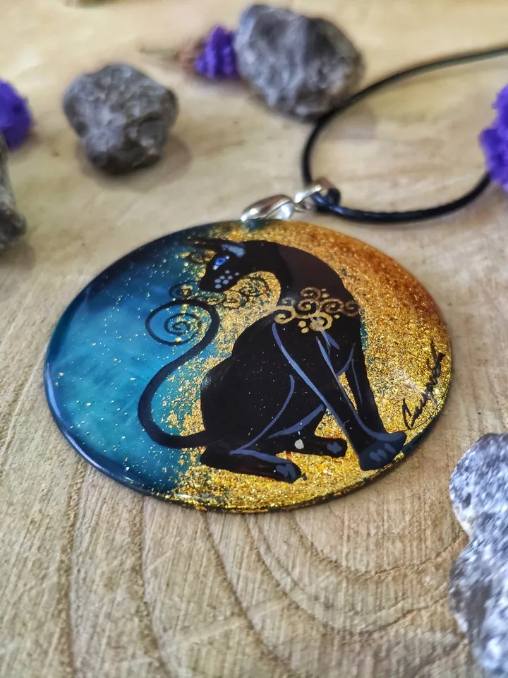 Pearl pendant necklace: Sphunx the black cat painted on handmade pendant • Aesthetic necklace for fall season • graceful cat lover gift