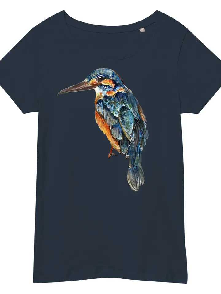 Kingfisher Women’s basic organic t-shirt made with my original watercolour painting,birds t shirts,unique handmade designer shirts for sale