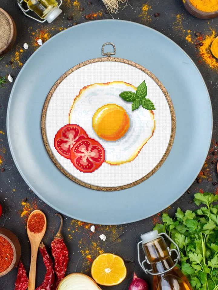 Fried egg with tomatoes cross stitch pattern PDF download Food cross stitch chart for beginners, Egg pattern digital PDF, Kitchen decor #F23