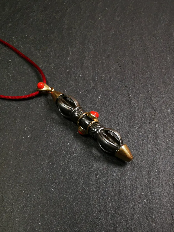 Gandhanra Tibetan Buddhist Amulet,Vajra Dorje Pendant, Made of Cold Iron,Inlaid with Agate,1.96&quot;
