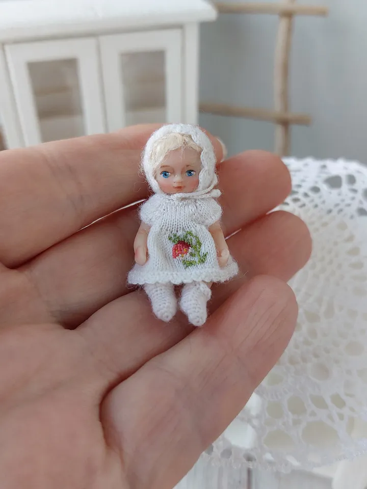 Handmade 2 inch miniature doll with two sets of clothes. Micro doll for dollhouse.