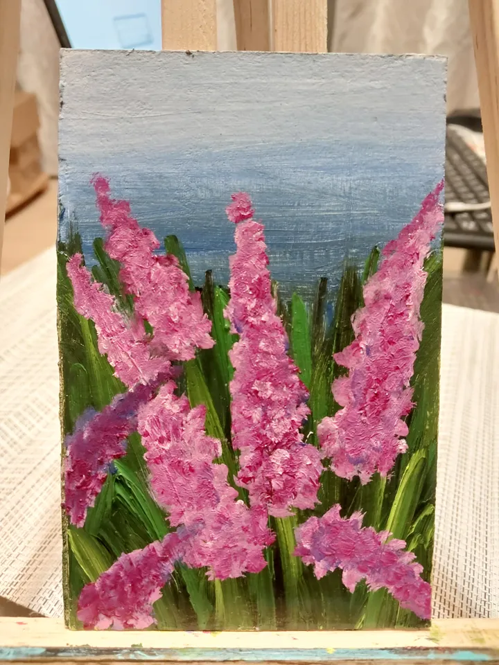 Oil Painting Meadow Flowers Herbs Flowers Nature Plants Wall Decor Miniature Gift for Her Cardboard 6 x 4 inches 15 x 10 cm