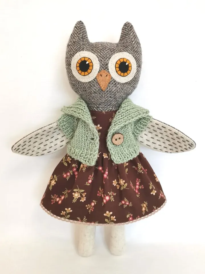 Owl girl, plush stuffed doll, handmade textile bird toy, owl soft toy