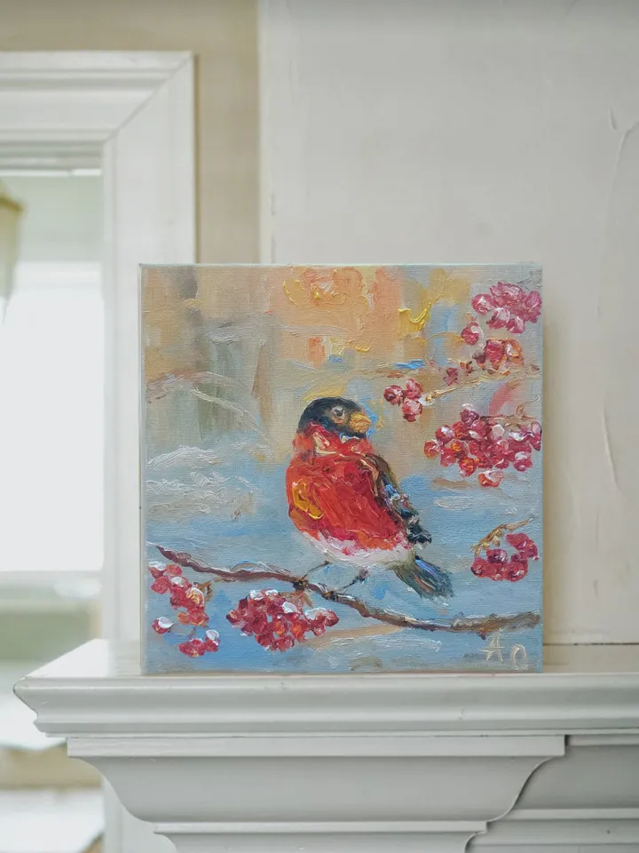 Oil painting on canvas "Bird. Bullfinch" 20x20cm (8x8 inch)