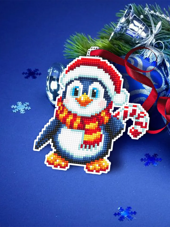 Christmas penguin cross stitch pattern PDF download Double-sided Christmas tree decor for plastic canvas Baby penguin ornament pattern #N124