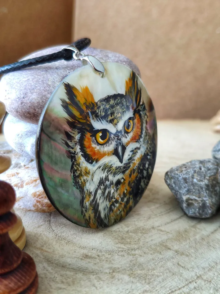 Pearl pendant necklace: Wise and Mysterious Eagle owl on handmade lacquer pendant • Statement wild bird • Aesthetic boho ethnic owl necklace