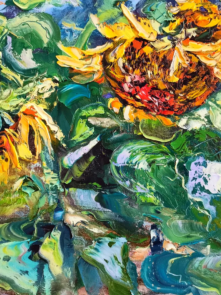 Oil Painting Field Sunflowers Landscape Impasto Original Artist Svinar Oksana
