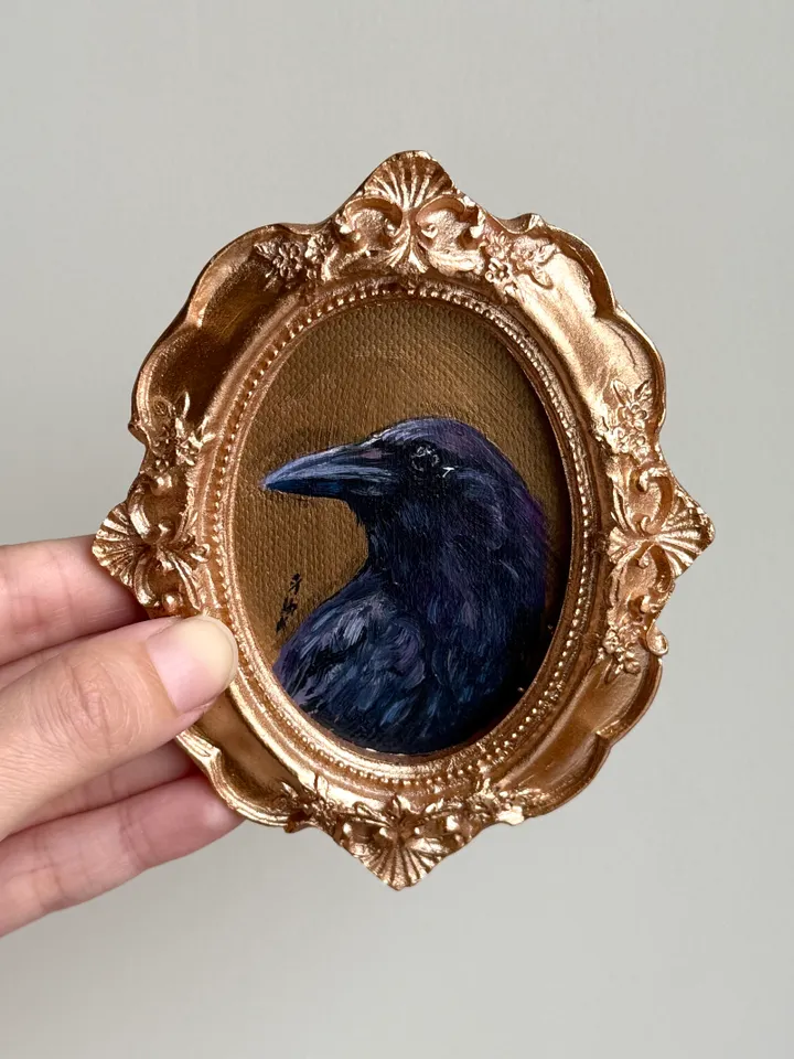 Framed Raven Painting Small Original Corvid Artwork Crow Art Tiny Oil Painting Bird Oval Frame