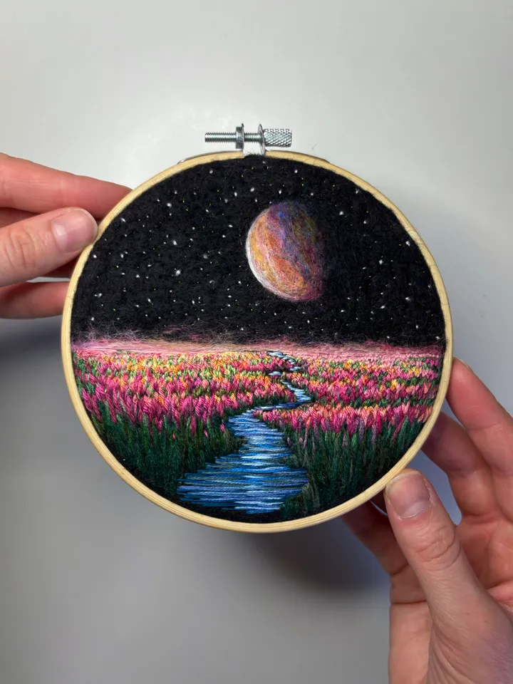Embroidered and needle felted painting "Celestial river"
