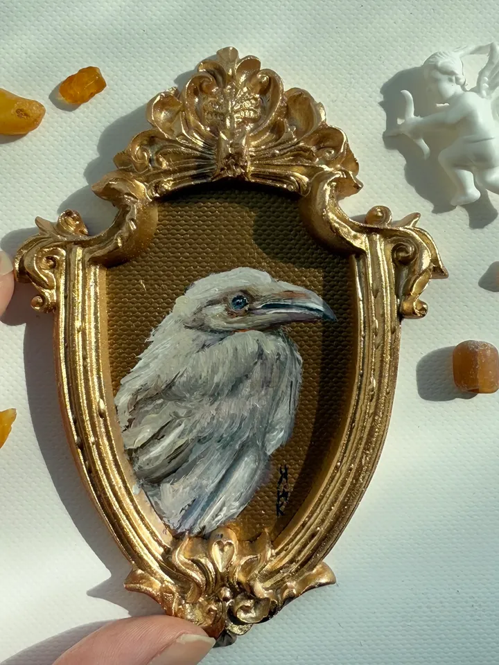 Framed Albino Raven Painting Small Original Witch’s Friend Artwork Crow Art Tiny Oil Painting Bird