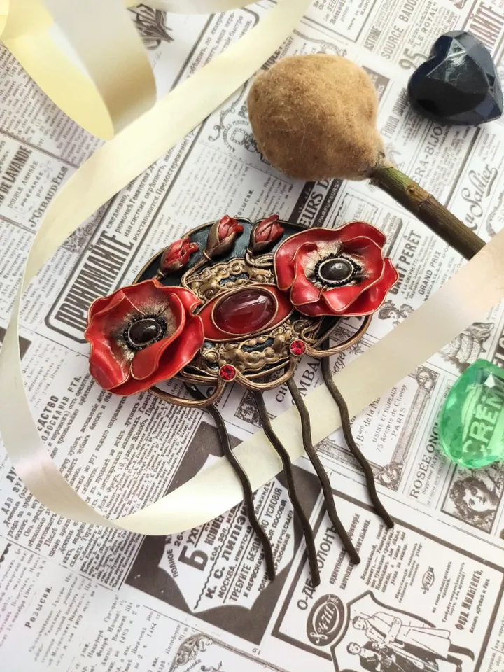 Hair clip Red poppy, Red Poppy Flower, Poppy Flower, Polymer clay Poppy