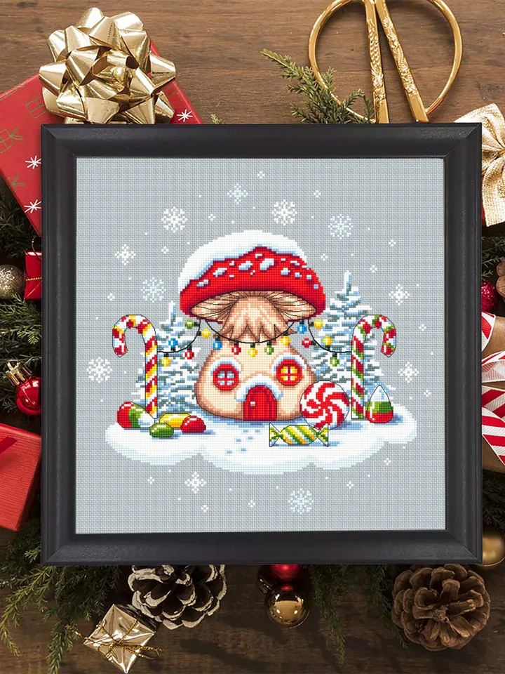 Christmas mushroom cross stitch pattern PDF download, Fairy house cross stitch chart, Magic Fly agaric Amanita, Sweet Christmas candy #N82