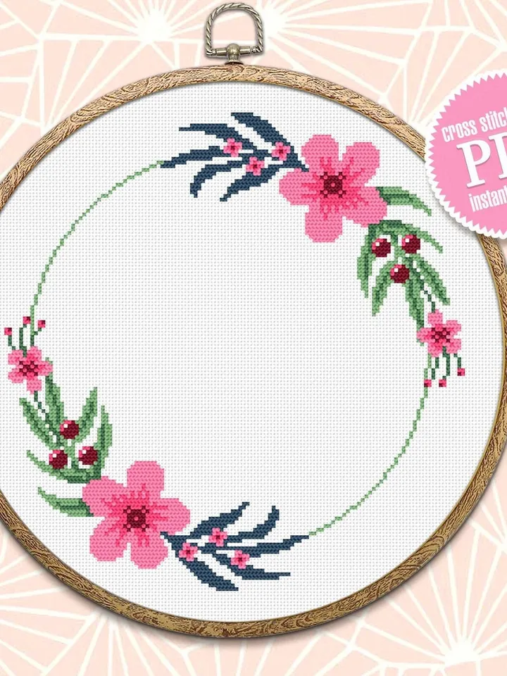 Flower wreath cross stitch pattern PDF Floral frame cross stitch chart, Easy cross stitch border, Your text here, Flowers hoop art #Y1