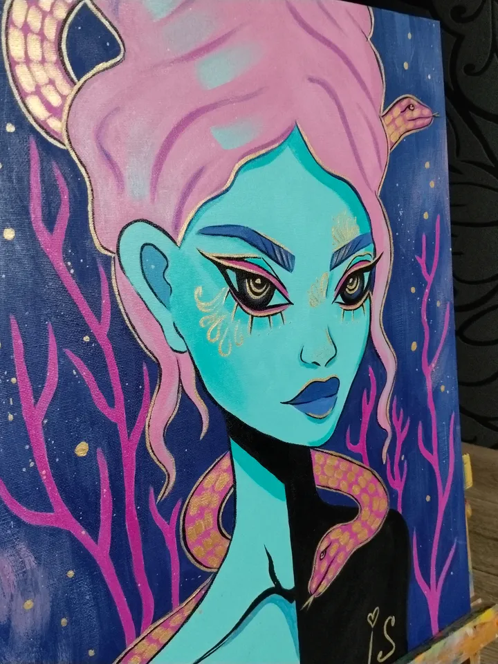 Gorgon Fantasy Original Acrylic Painting with Gold Paint