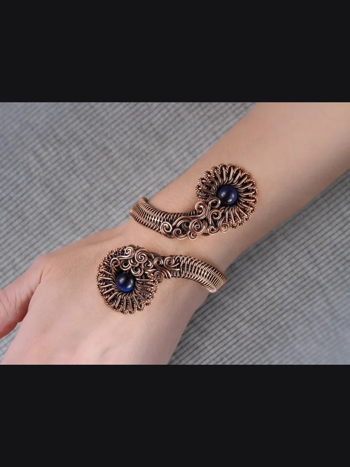 Natural falcon eye cuff bracelet for woman, Copper wire wrapped flower bangle