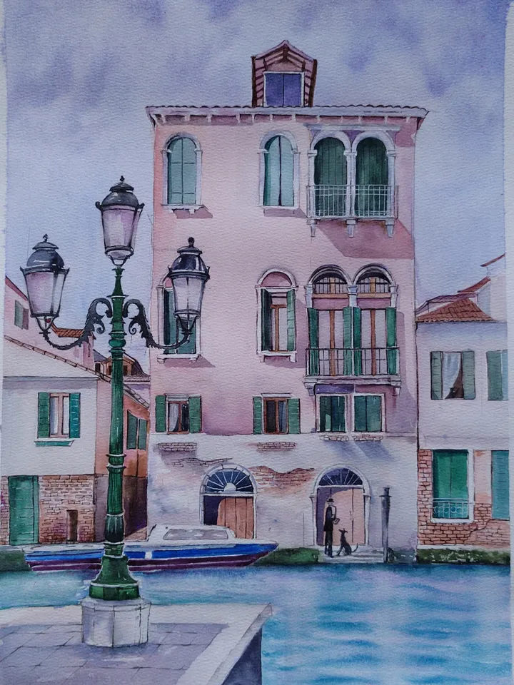 Original Watercolor Painting Urban Landscape Art Pink House Artwork House on Venetian Canal Picture 30x40 cm by SoftWaves