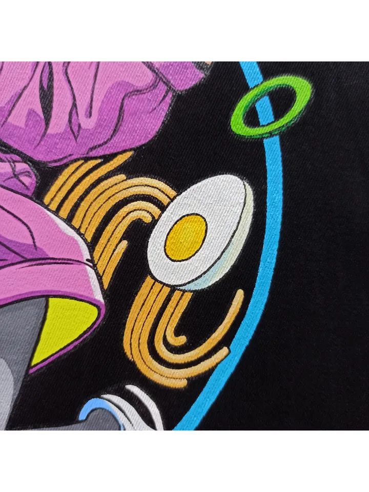 Black cotton shopper bag with hand painted anime style "lt's ramen time" 34x40 cm.